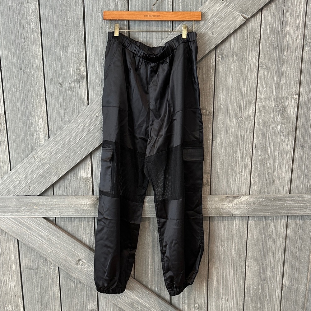 Satin Black Cargo Pants with mesh panel